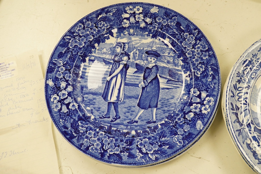 Six early 19th century blue and white transfer printed plates, including Spode, and three Wedgewood months blue and white plates, c.1900 largest 26cm in diameter. Condition - fair